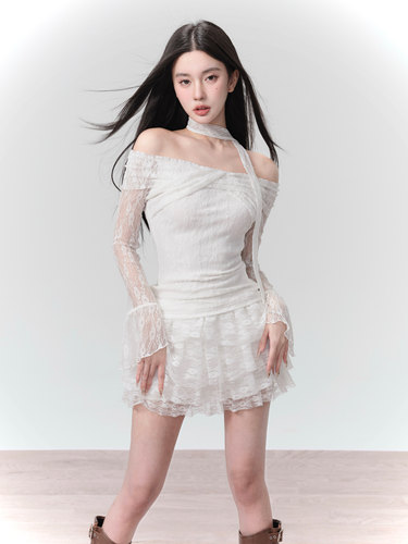 易碎商店甜美蕾丝一字肩上衣