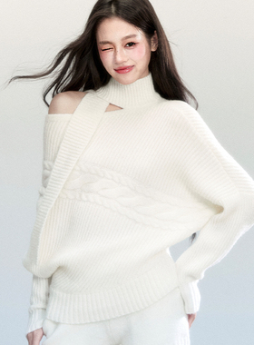 fragileheart易碎商店·韩系简约围脖毛衣气质蝙蝠袖上衣短裤套装