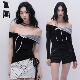 易碎商店·未眠夜慵懒感黑白拼接一字肩短袖 徐艺洋同款 上衣女