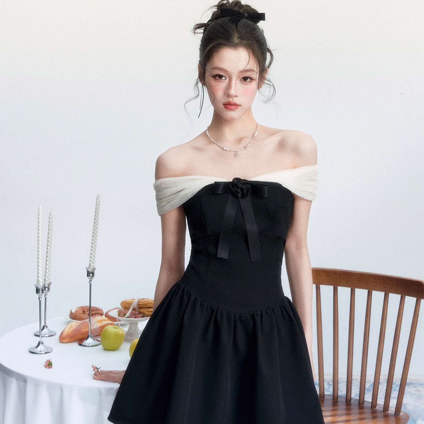 fragileheart易碎商店·千金风撞色一字肩连衣裙度假风公主蓬蓬裙