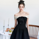 fragileheart易碎商店·千金风撞色一字肩连衣裙度假风公主蓬蓬裙