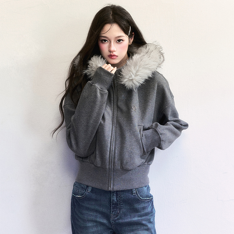 【现货】易碎商店·松弛感连帽大毛领卫衣短款显瘦高级感休闲外套