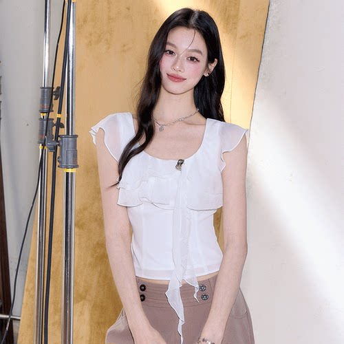FragileHeart白色小飞袖蕾丝上衣