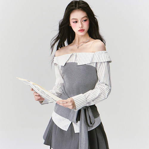 易碎商店·衬衫拼接一字肩上衣