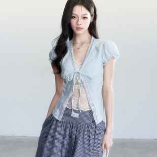 fragileheart易碎商店·韩系少女绑带花边短袖 春 上衣格纹半裙套装