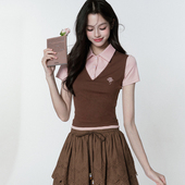 T恤 粉咖拼色短袖 现货 易碎商店·复古学院针织玫瑰刺绣polo衫