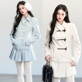 易碎商店·雾蓝冰山 现货 气质牛角扣毛呢外套拼接百褶裙大衣