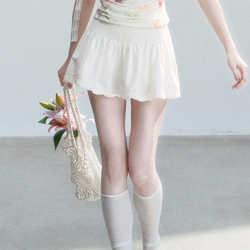 FragileHeart白色细打条花边半裙