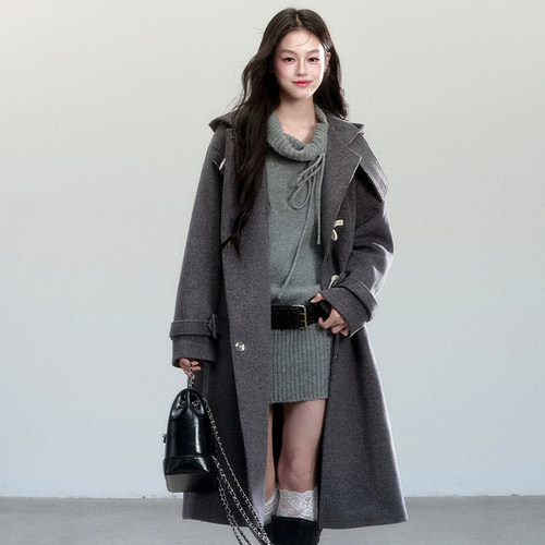 【现货】易碎商店·松烟折秋 学院风牛角扣长款外套秋冬毛呢大衣