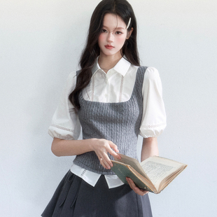 上衣 修身 fragileheart易碎商店·韩系学院风假两件撞色衬衫 泡泡袖