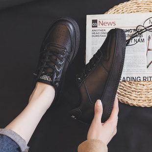 纯黑休闲运动板鞋 人本不系带板鞋 工作鞋 女上班鞋 全黑色皮面帆布鞋