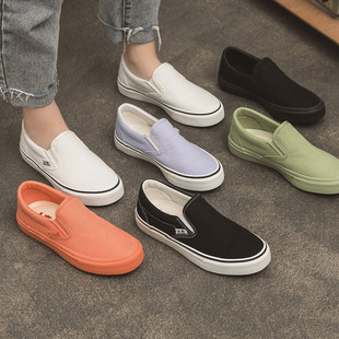 人本帆布鞋女夏季薄款一脚蹬懒人鞋乐福鞋低帮学生鞋透气平底板鞋