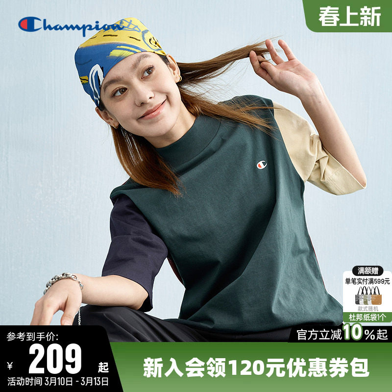 Champion冠军T恤女25夏季新款刺绣纯棉透气拼色圆领运动短袖上衣