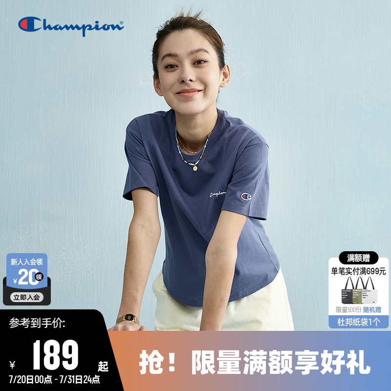 Champion冠军T恤女2025夏季新款刺绣纯棉多巴胺圆领运动短袖上衣