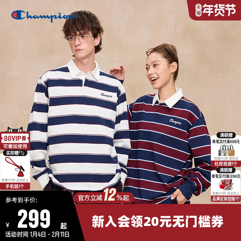 Champion冠军T恤女25秋冬新款情侣拼色复古风纯棉休闲长袖上衣男,运动服/休闲服装,运动POLO衫,淘宝优惠券,粉丝福利购,淘宝优惠卷