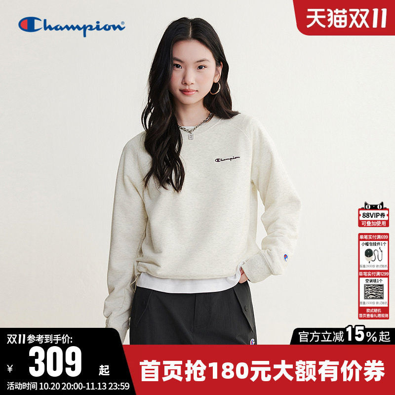 Champion冠军卫衣女2026秋季新款纯色插肩袖修身休闲圆领套头上衣