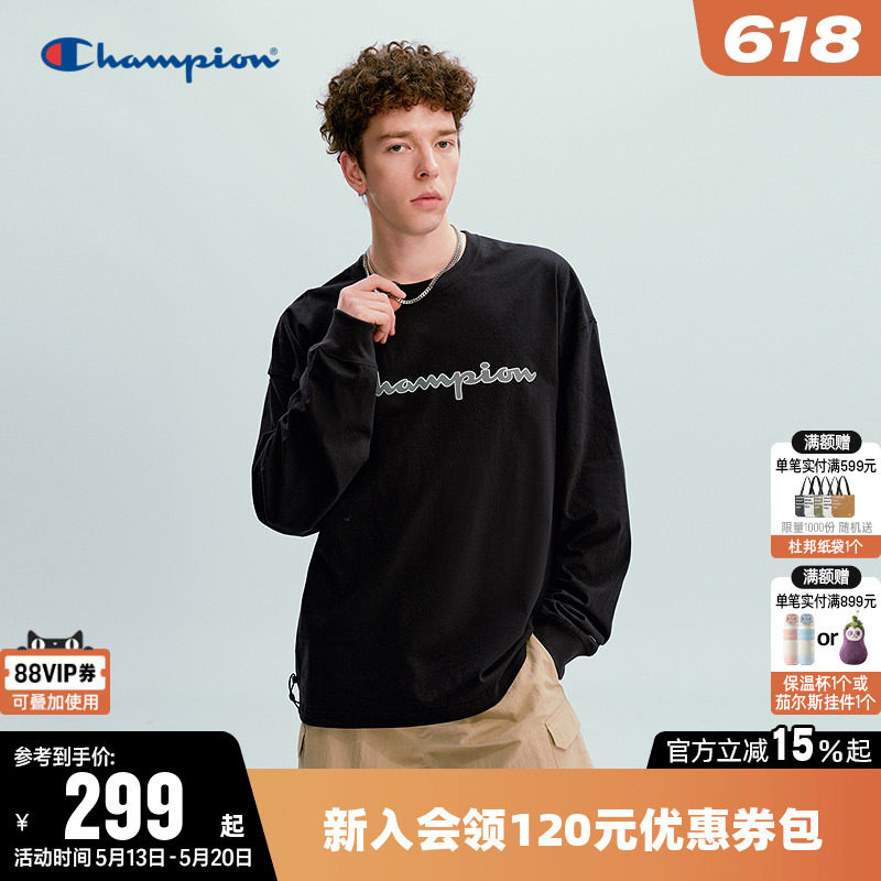 Champion冠军T恤女2026春季新款情侣纯棉休闲宽松圆领长袖上衣男