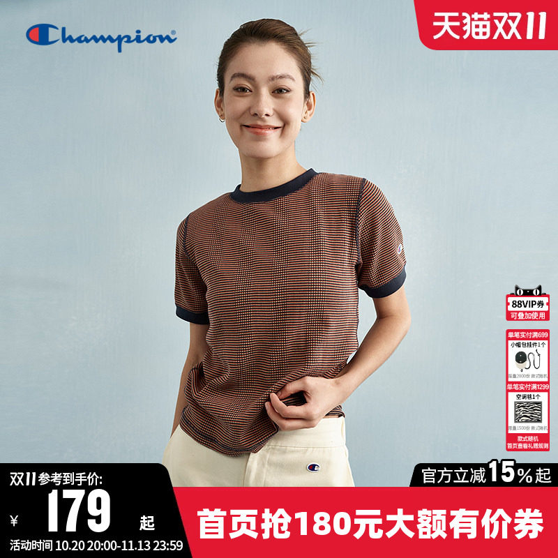Champion冠军T恤女夏季潮流拼色华夫格针织修身圆领休闲短袖上衣