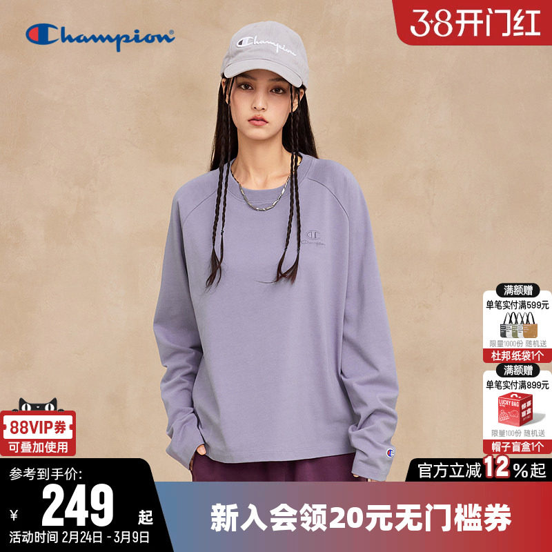 Champion冠军T恤女26春季新款纯棉插肩袖休闲圆领宽松长袖上衣潮