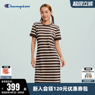 Champion冠军连衣裙女2026春季 条纹撞色长裙休闲运动针织裙子 新款