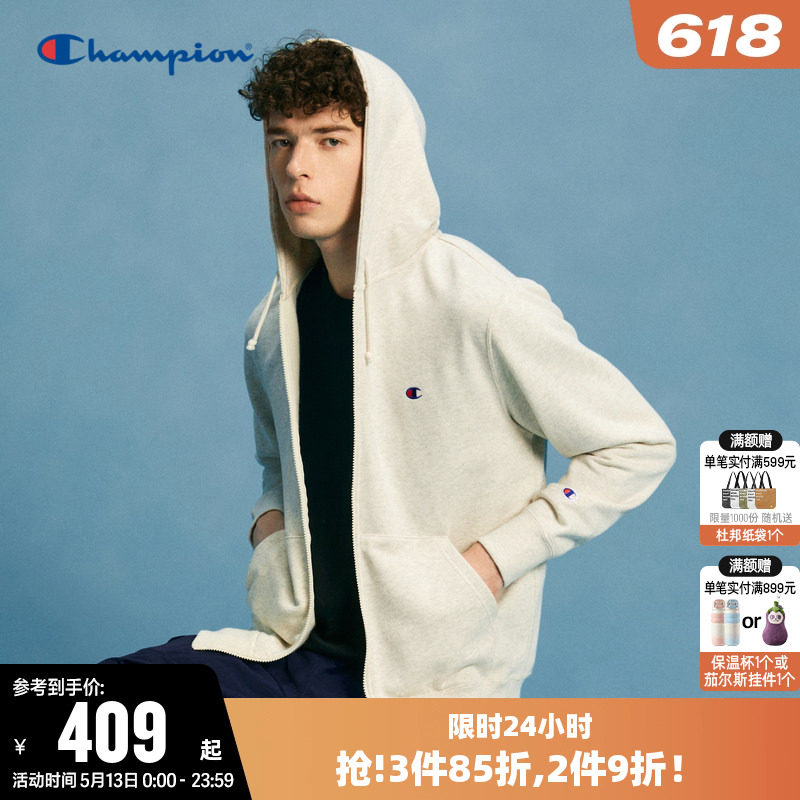 Champion冠军卫衣女春季情侣刺绣小C logo拉链开衫连帽休闲上衣男