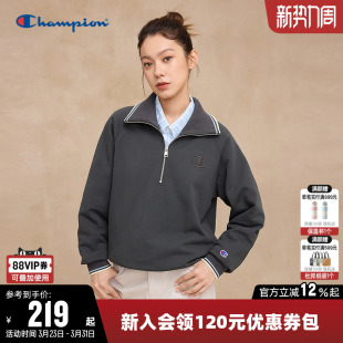 Champion冠军翻领卫衣女春季纯色半拉链休闲学院风海军领宽松上衣