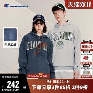 Champion冠军卫衣女冬季 印花字母LOGO休闲上衣男 连帽加绒情侣美式