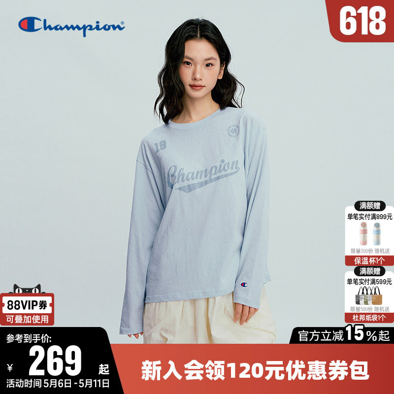 Champion冠军T恤女26春季新款印花草写logo休闲宽松长袖圆领上衣