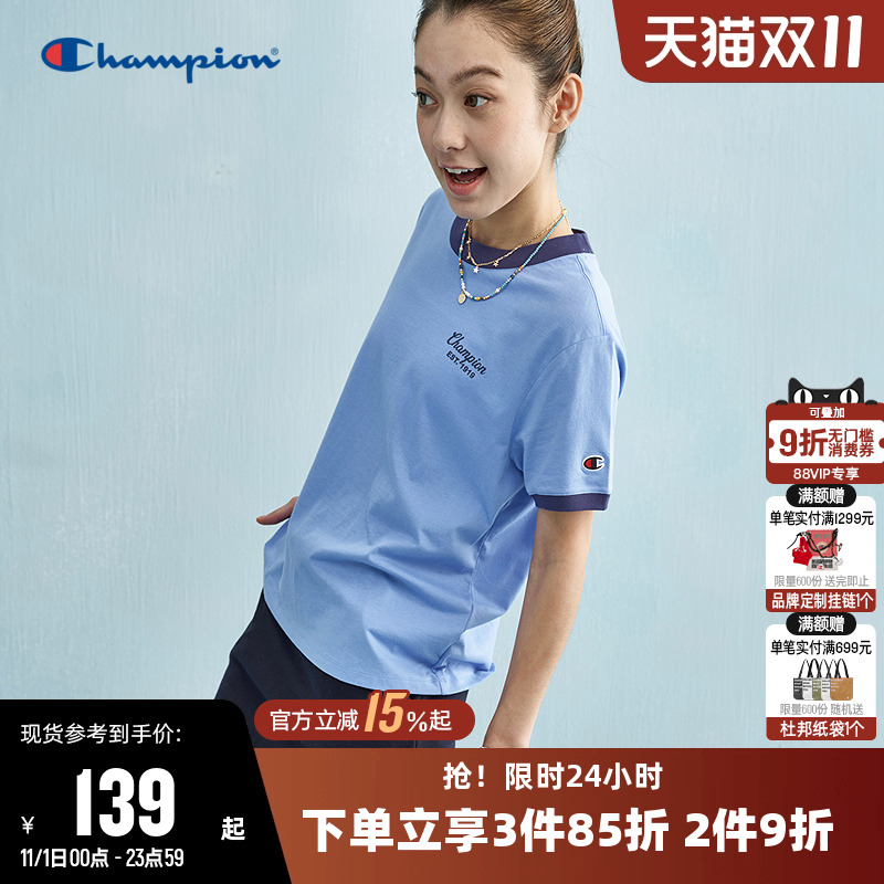 Champion冠军T恤女25夏季新款印花透气拼色休闲圆领运动短袖上衣