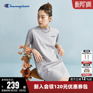 Champion冠军连衣裙女春季 A字裙休闲裙子潮 刺绣草写logo长裙短袖