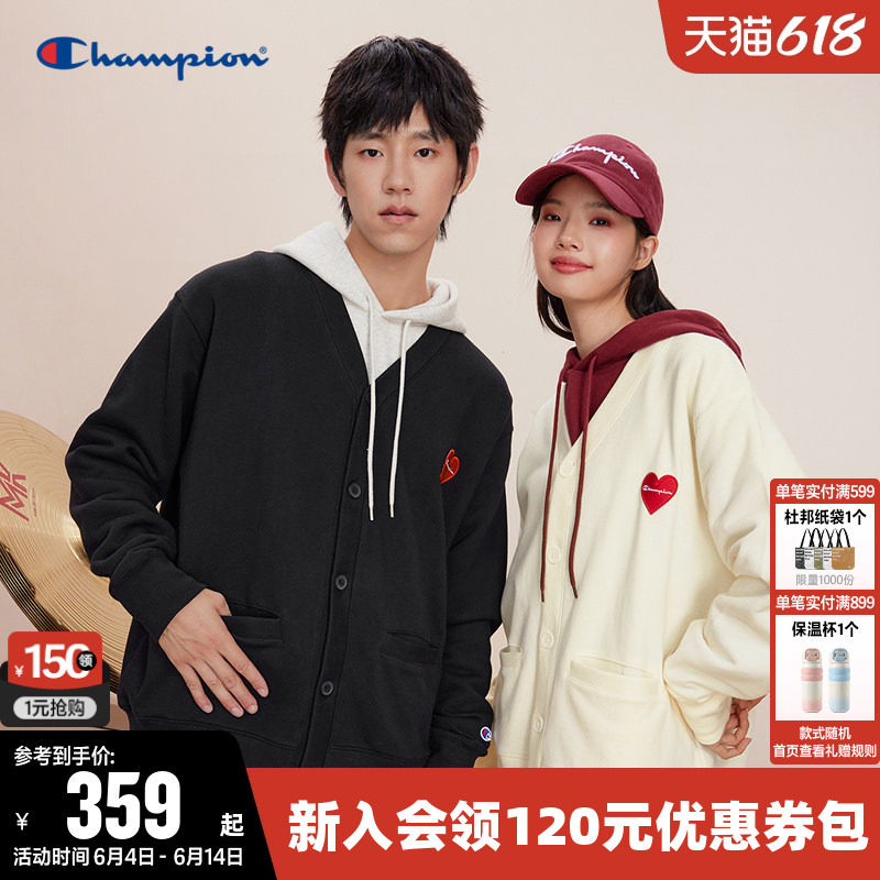 Champion冠军卫衣女春季情侣纯棉爱心徽标V领开衫美式休闲上衣男