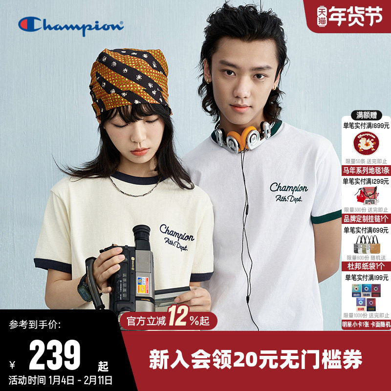 Champion冠军T恤女2025夏季新款情侣拼色圆领纯棉运动短袖上衣男