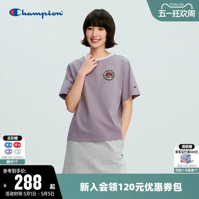 Champion冠军T恤女26夏季新款趣味图案撞色纯棉休闲圆领短袖上衣