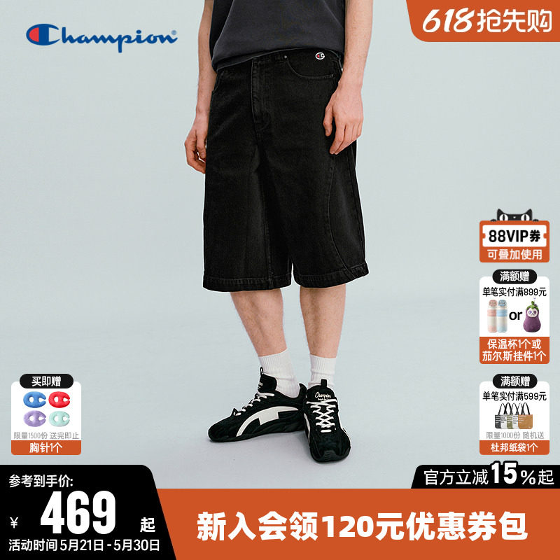 Champion冠军短裤男2026夏季新款纯棉牛仔中裤休闲梭织宽松裤子女