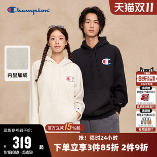 Champion冠军卫衣女冬季 情侣刺绣logo纯棉连帽休闲运动加绒上衣男