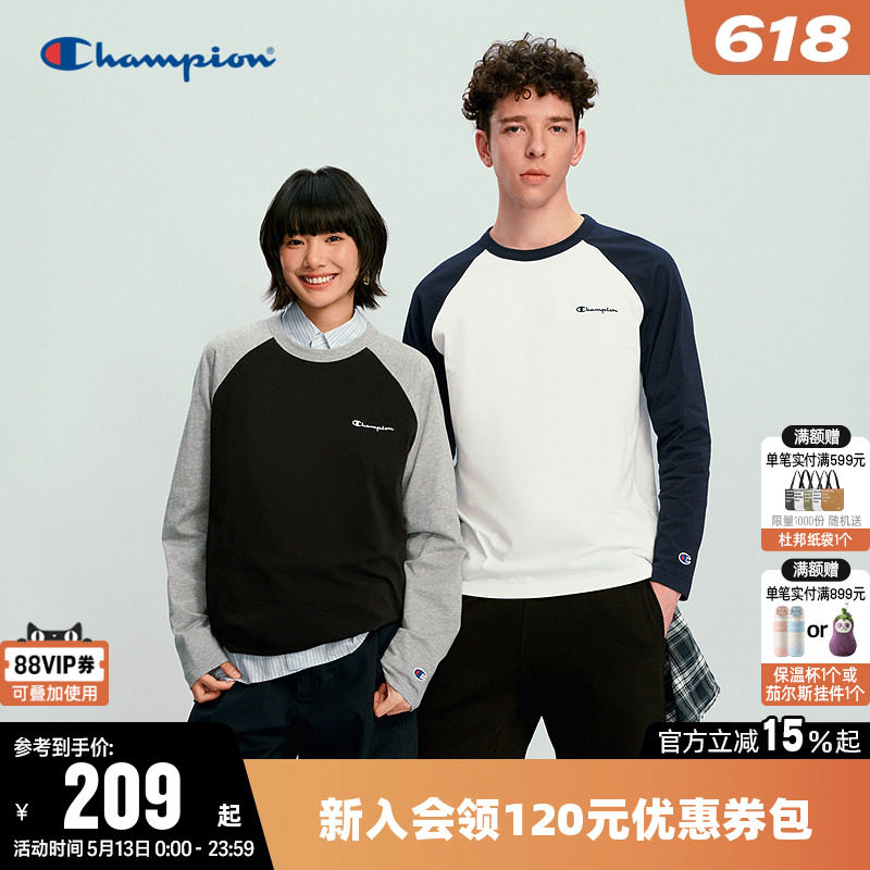 Champion冠军T恤男2026春季新款纯棉插肩袖休闲运动风长袖上衣女