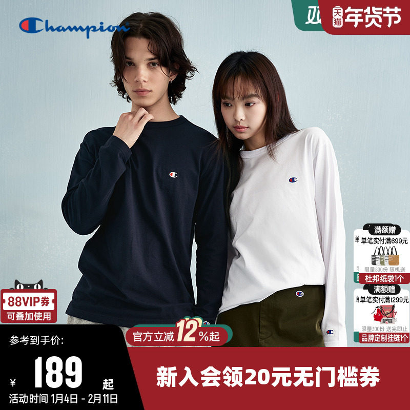 Champion冠军长袖T恤女2025秋季新款纯棉打底衫休闲圆领上衣男潮,运动服/休闲服装,运动T恤,淘宝优惠券,粉丝福利购,淘宝优惠卷