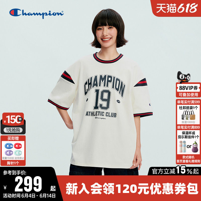 Champion冠军T恤女2026夏季新款情侣纯棉复古撞色圆领短袖上衣男