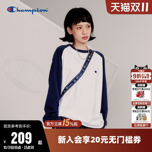 情侣纯棉插肩袖 新款 拼色休闲上衣男 T恤女25秋季 Champion冠军长袖