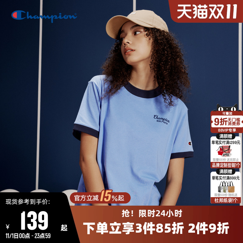 Champion冠军T恤女25夏季新款印花透气拼色休闲圆领运动短袖上衣