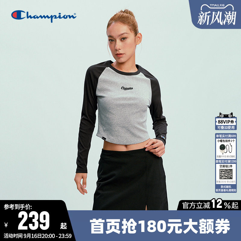 Champion冠军短款圆领长袖T恤女图片