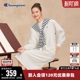 Champion冠军连衣裙女春季 圆领裙子潮 纯色百搭长裙休闲直筒裙长袖