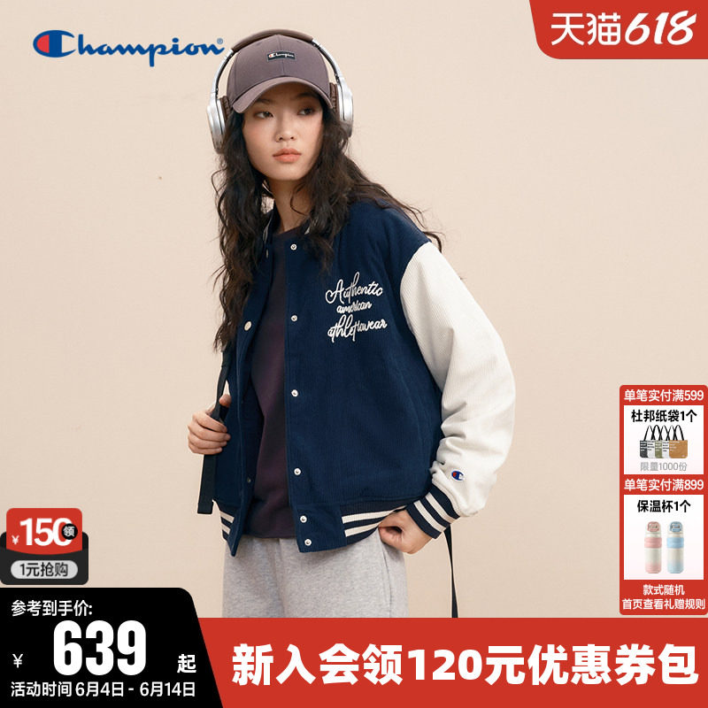 Champion冠军棉服女冬季美式灯芯绒拼色棒球棉服加厚保暖休闲外套