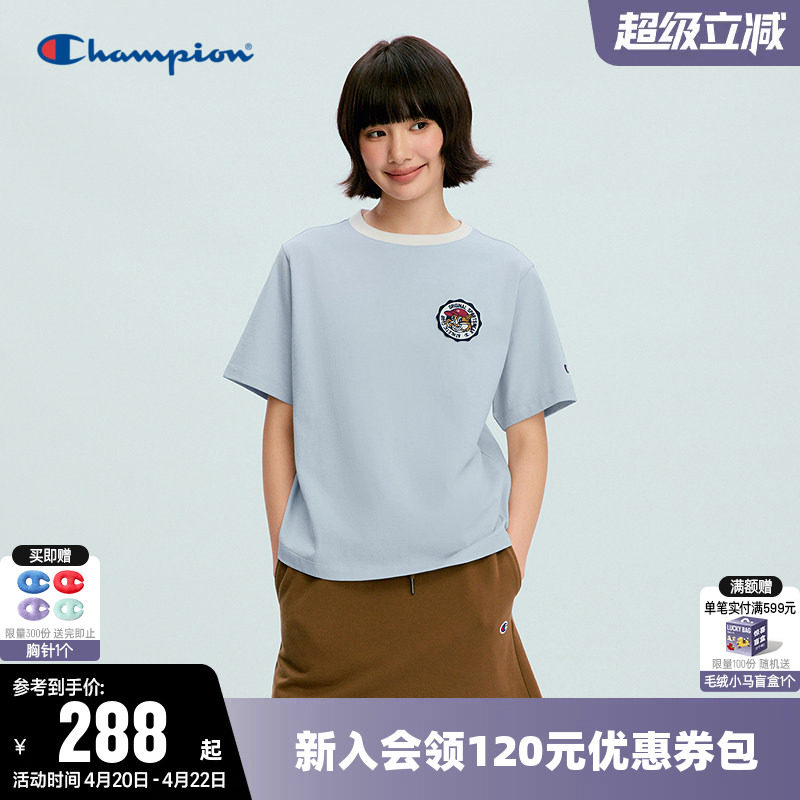 Champion冠军T恤女26春季新款趣味图案撞色纯棉休闲圆领短袖上衣