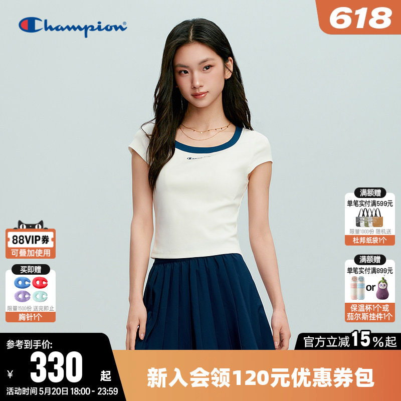 Champion冠军短款T恤女2026夏季新款休闲运动风方领修身短袖上衣