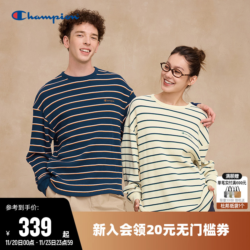 Champion冠军T恤女25秋季新款情侣华夫格条纹圆领宽松长袖上衣男