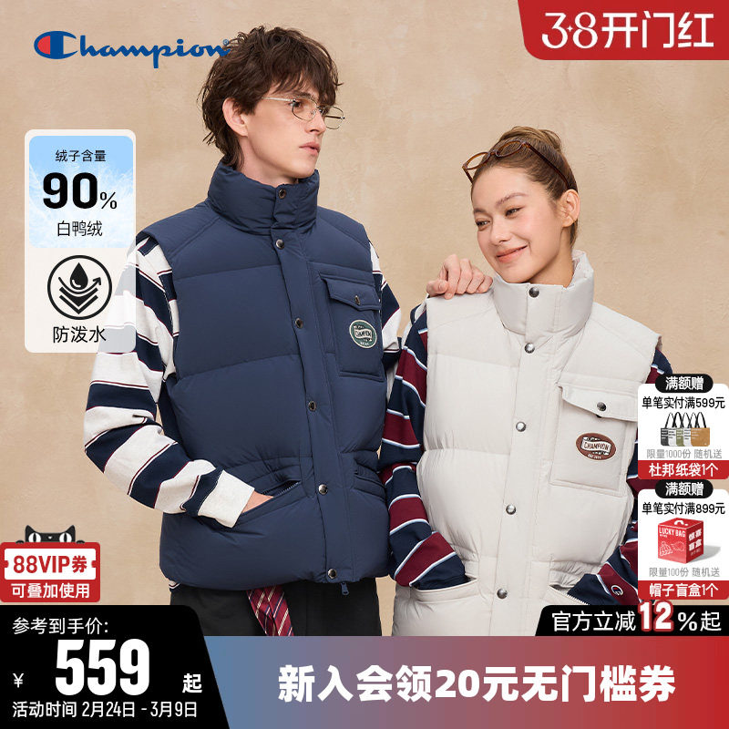 【防泼水】Champion冠军羽绒马甲女25冬季新款情侣拉链加厚外套男