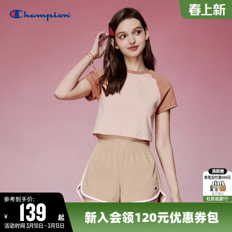 Champion冠军短款T恤女春季复古拼色插肩袖圆领休闲运动短袖上衣