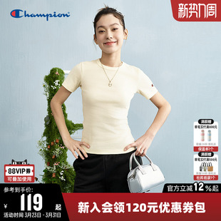 上衣潮 纯色休闲运动圆领短袖 Champion冠军T恤女春季 百搭透气修身