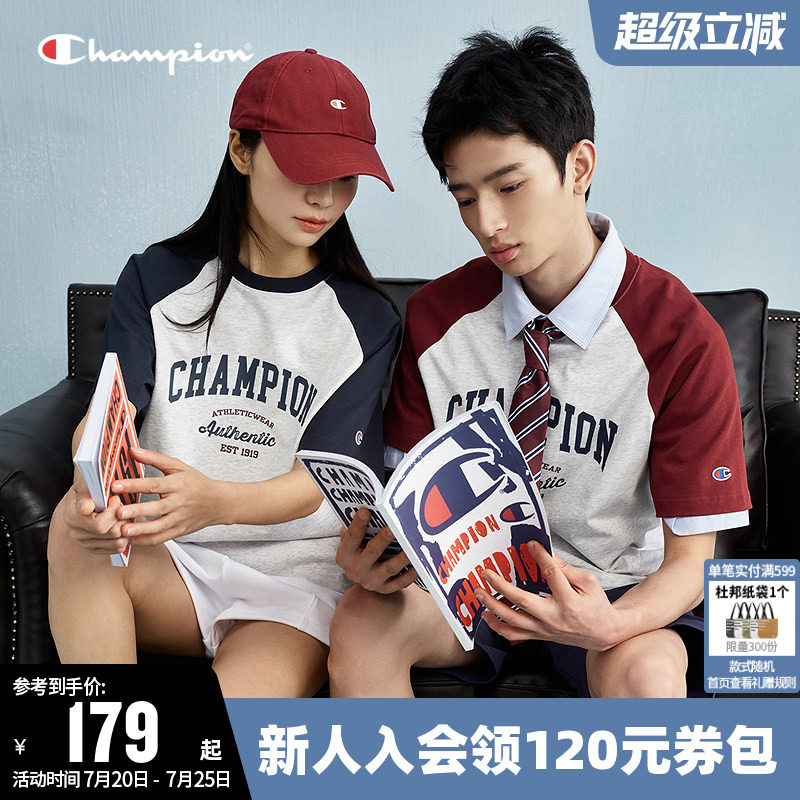 Champion冠军T恤女夏季情侣复古撞色拼接纯棉休闲短袖圆领上衣男